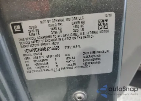 2011 Chevrolet Traverse Lt from USA, damaged, VIN 1GNKVGED9BJ215895